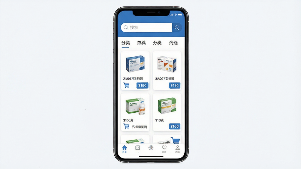 一张手机应用界面展示图,画面主体是一部竖屏智能手机,手机屏幕上呈现药品采购类应用的首页布局,顶部有搜索框与分类入口,中部为药品列表卡片与价格标签,底部为导航栏,整体采用蓝白配色,风格简洁商务,细节上突出药品包装盒与购物车图标,画质清晰,干净,无多余元素