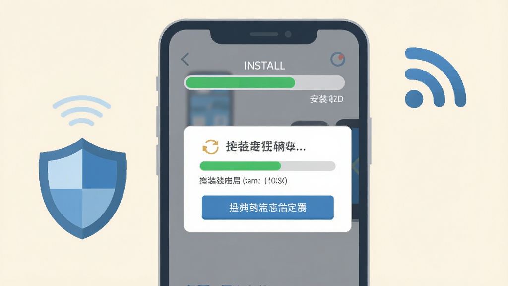 一张手机安装应用过程的示意图,画面主体为手机屏幕显示安装进度条与权限授权弹窗,旁边配有盾牌图标与网络信号标识,背景为浅色,风格扁平化,细节上突出进度条与授权按钮,画质清晰,干净,无多余元素