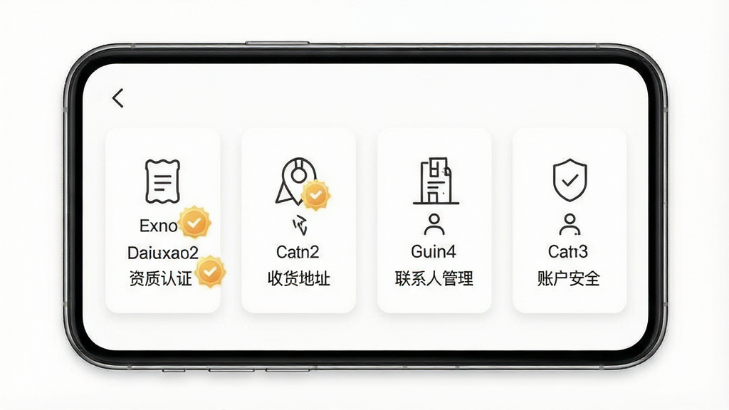 一张账户管理界面图,画面主体为手机屏幕内的个人中心页面,包含“资质认证”“收货地址”“联系人管理”“账户安全”等功能入口,每个入口配有线性图标,背景为白色,风格干净利落,细节上突出认证状态徽章,画质清晰,干净,无多余元素