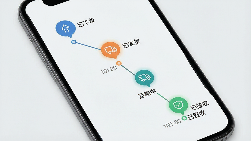 一张订单跟踪界面图,画面主体为手机屏幕内的订单状态时间轴,包含“已下单”“已发货”“运输中”“已签收”等节点,每个节点配有圆形图标与简短文字说明,背景为浅灰色,风格商务简洁,细节上体现时间轴连线与状态高亮,画质清晰,干净,无多余元素