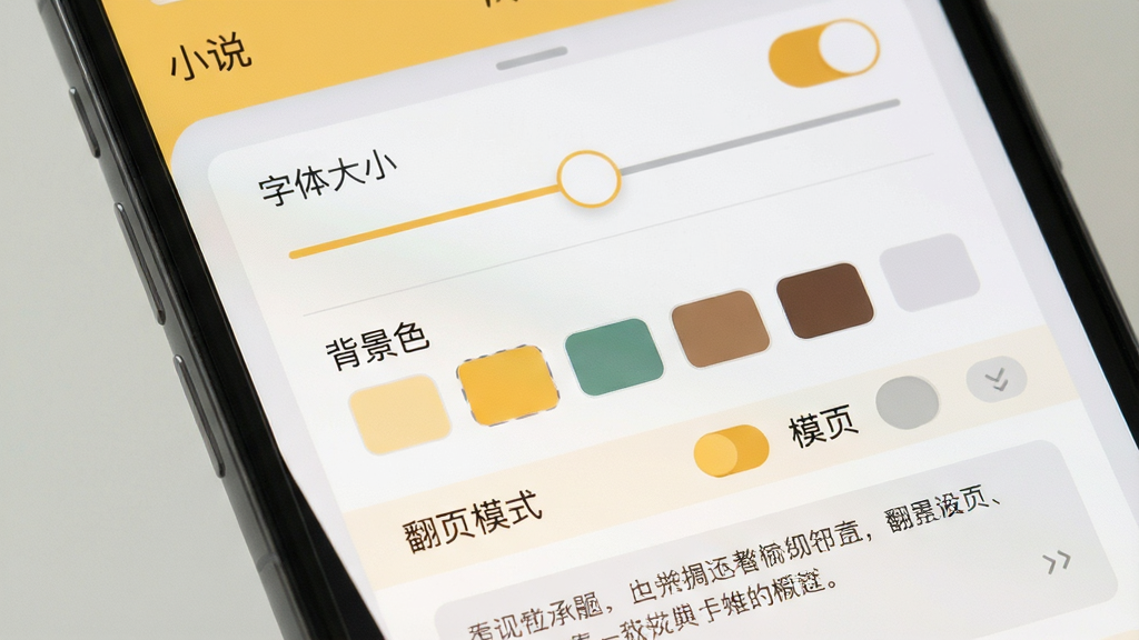 画面主体是手机阅读设置面板特写,面板中包含字体大小滑块、背景色色块、翻页模式选项,屏幕角落标注