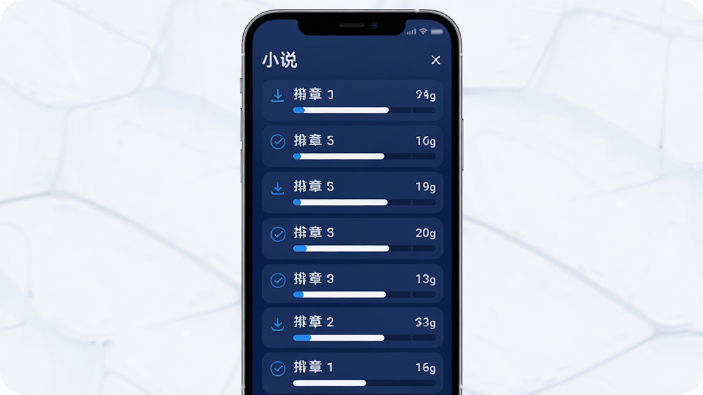 画面主体是一部手机屏幕显示下载进度列表,多个章节条目带有勾选与进度条,屏幕上方有