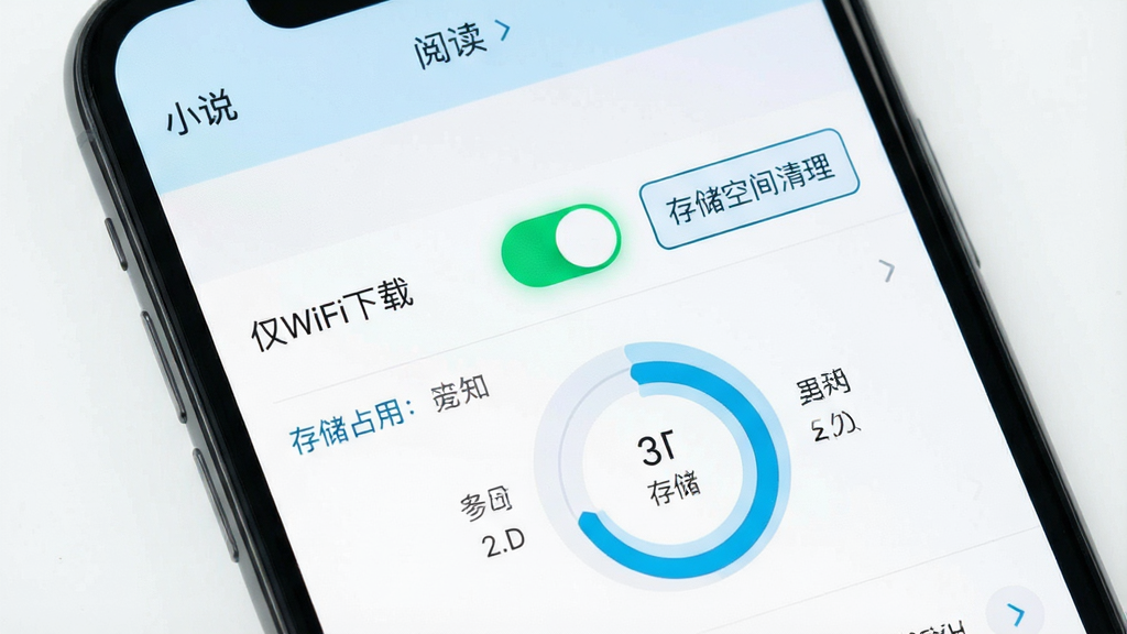 画面主体是一部手机显示阅读设置页面,页面上有“仅WiFi下载”开关处于开启状态,旁边有存储空间清理按钮,屏幕顶部标注