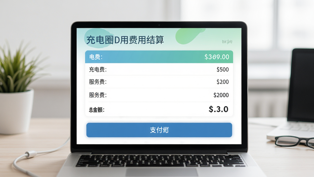 充电圈应用费用结算页面,显示电费、服务费、总金额等明细列表,界面配色清新,有支付按钮,背景为简约桌面,风格商务简洁,画质干净