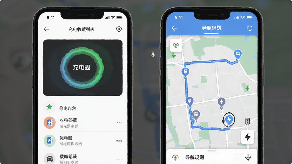 手机界面展示充电圈收藏列表与导航路线规划,地图上有路线线条和充电站标记,界面布局清晰,风格清爽,画质干净