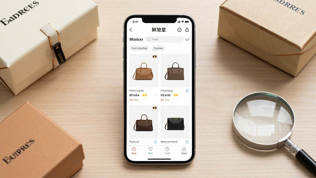 主体为一部智能手机,屏幕上展示鲜旭堂二奢应用的商品列表界面,布局为手机居中放置于浅色木质桌面,周围点缀几只简约的奢侈品包装盒与放大镜,排版突出手机屏幕内容,风格为清新写实的产品展示风,细节包括屏幕内清晰可见的箱包缩略图与筛选标签,画质为高清细腻、干净明亮、无多余元素