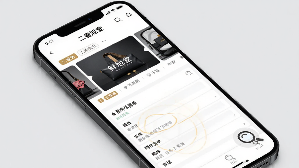 主体为手机屏幕特写展示鲜旭堂二奢商品详情页,布局为手机斜置于浅灰背景上、屏幕内容占据画面主体,排版强调详情页的图片轮播区与参数列表,风格为简洁科技感展示风,细节包括成色标签、附件清单文字与放大镜图标,画质高清、画面干净、无多余元素