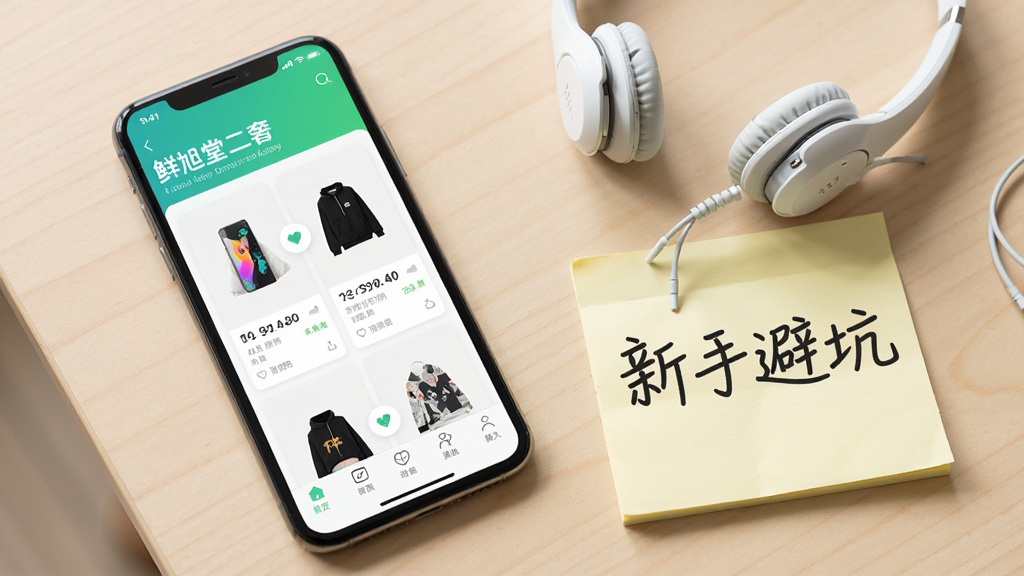主体为一部手机屏幕显示鲜旭堂二奢应用首页,旁边放置一副耳机与一张写有“新手避坑”字样的便签,布局为手机与便签呈对角线摆放于浅色桌面,排版突出手机界面与便签文字,风格为生活化清新风,细节包括屏幕内商品卡片与底部导航栏,画质明亮清晰、画面干净、无多余元素