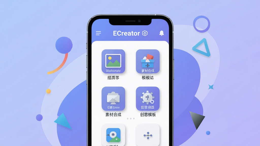 画面主体为一款智能手机屏幕,屏幕上展示 ECreator 软件的主界面,界面包含图片编辑、素材合成、创意模板等功能图标;布局为手机居中放置,周围环绕少量抽象图形元素;排版简洁干净,突出手机与软件界面;风格为现代科技感扁平插画;细节包含柔和的蓝紫渐变背景、细腻的图标阴影、清晰的界面层级;画质为高清、干净、无多余元素。