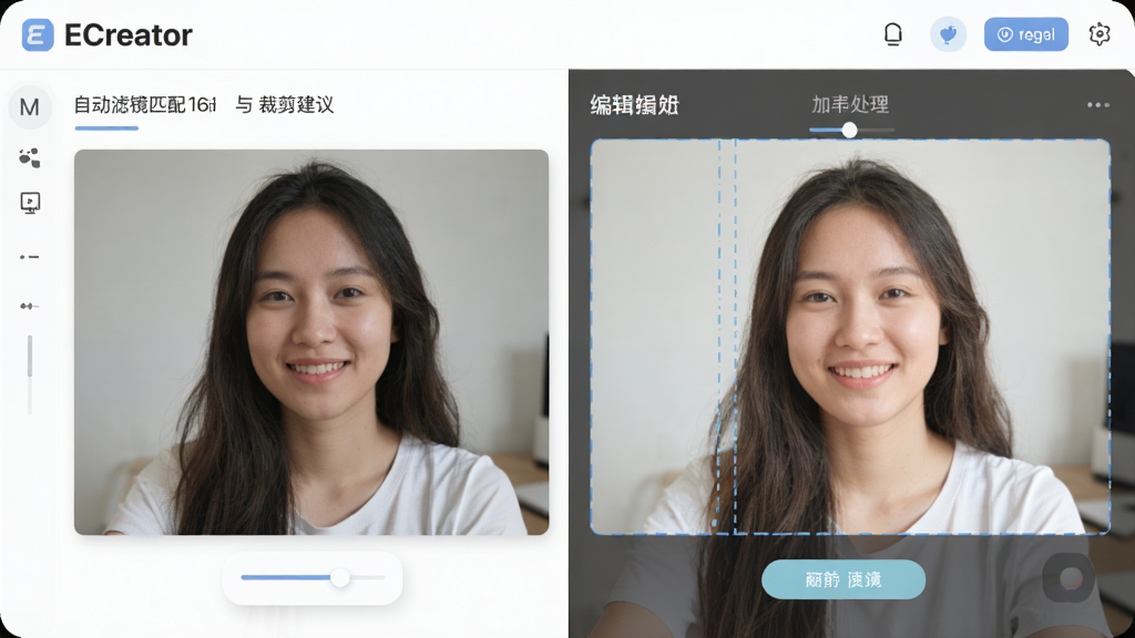 画面主体为 ECreator 软件中的智能编辑功能界面,展示自动滤镜匹配与裁剪建议;布局为界面居中,左侧展示原始图片、右侧展示处理后的效果对比;排版采用左右对比式构图;风格为清爽的移动端 UI 展示风格;细节包含 ECreator 字样标识、柔和的界面配色、清晰的按钮与滑块控件;画质为高清、干净、无多余元素。