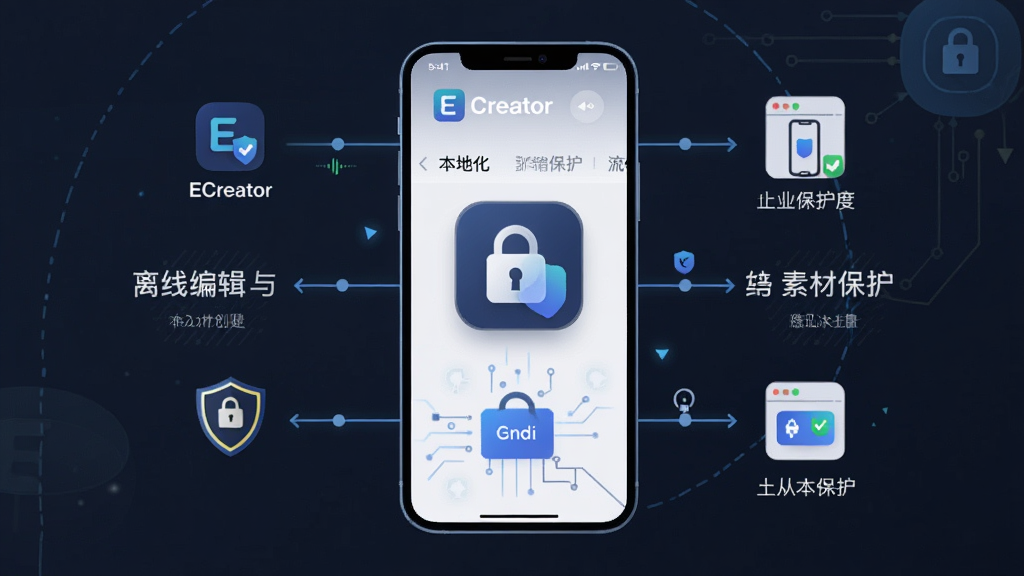 画面主体为 ECreator 软件本地处理功能的示意界面,展示离线编辑与素材保存在手机本地的流程;布局为手机界面居中,周围以简洁线条示意数据流转路径;排版突出本地化与隐私保护概念;风格为简约科技插画;细节包含 ECreator 标识、锁形安全图标、本地存储示意图形;画质为高清、干净、无多余元素。