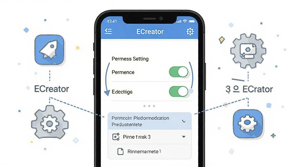 画面主体为手机屏幕上展示 ECreator 软件的权限设置与导出保存操作界面;布局为手机界面居中,旁边配以简洁的设置图标元素;排版突出操作步骤与提示信息;风格为清爽的移动端教程插画;细节包含 ECreator 字样、权限开关控件、保存路径选择框;画质为高清、干净、无多余元素。