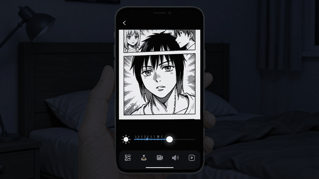 一张夜间场景下手机显示深色背景漫画阅读界面的示意图,手机屏幕内为黑白漫画页面,屏幕下方有亮度调节滑块和深色工具栏,周围环境为暗色卧室床头背景,风格为夜间使用场景图,细节包括屏幕微光、滑块刻度、工具栏图标,画质清晰,画面干净,无多余元素