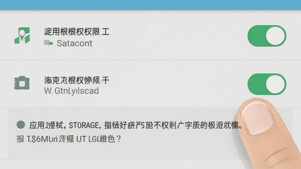 一张安卓手机设置界面的示意图,画面展示应用权限管理页面,存储权限开关处于开启状态,旁边有手指点击动作,背景为浅灰色系统界面风格,细节包括权限列表、开关按钮高亮、提示文字区域,画质清晰,画面干净,无多余元素