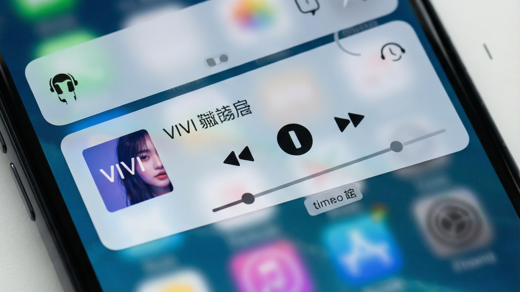 主体为手机锁屏界面与通知栏下拉特写,通知栏内显示VIVI音乐播放控制卡片,包含歌曲名、播放暂停按钮与进度条,布局为顶部下拉式;风格为系统原生质感;细节包含耳机图标与定时关闭小标签;画质清晰,画面干净,无多余元素