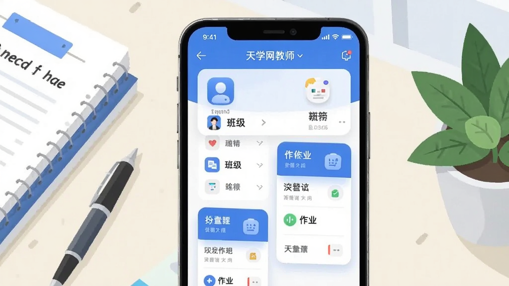 画面中央是一部竖屏手机,屏幕内展示“天学网教师”应用主界面,包含班级列表与作业卡片布局,背景为整洁的浅色办公桌面,左侧放置一叠作业本与一支笔,右侧点缀绿植,整体采用清爽扁平化插画风格,色调以蓝白为主,细节刻画应用图标与卡片层次,画质清晰干净,无多余元素