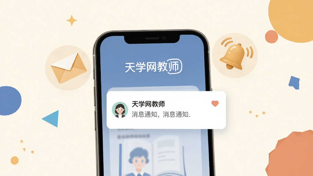 画面呈现“天学网教师”消息通知界面,手机旁环绕信封与铃铛图标,背景为柔和的米白色,点缀少量几何色块,风格温和亲切,主体突出,画质干净清晰