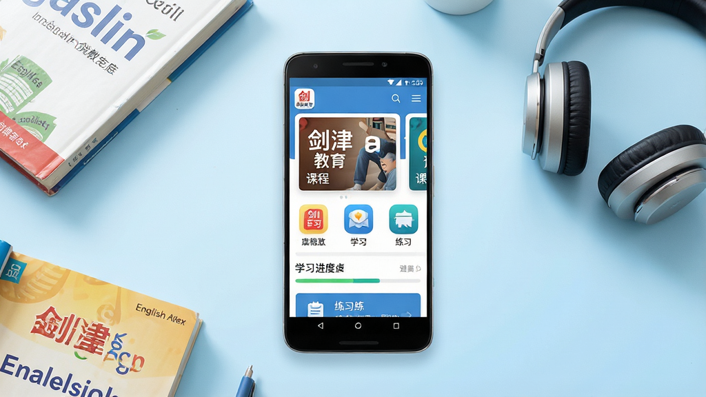 һ��չʾ�������App��������ֻ�����ͼ������������һ̨���ŵİ�׿�ֻ�����Ļ��ʾ�������App��ҳ���Ϸ�Ϊ�γ̿�Ƭ��Ӣ��ѧϰͼ�꣬�·�Ϊѧϰ����������ϰ��ڣ��ֻ���Χɢ������Ӣ��̲ĺ�һ������������Ϊǳ��ɫ�������������������ˬ�ִ���ϸ�ڰ���Appͼ���ϵ�
