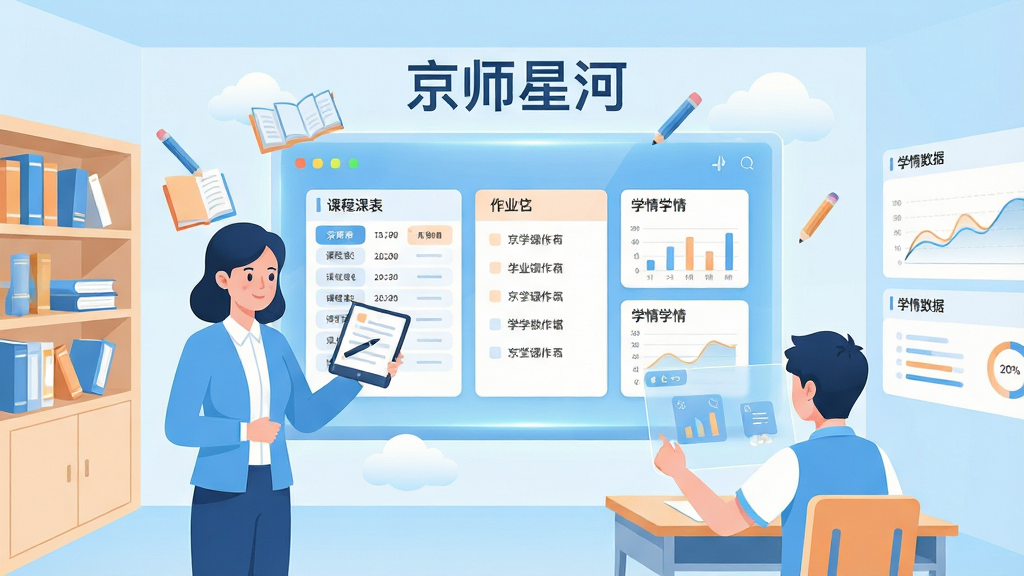 画面主体为一间明亮的现代化智慧教室,正中央悬浮着一块半透明发光的数字教学大屏,屏幕上以简洁卡片式排版展示课程表、作业列表与学情图表,屏幕上方以清晰的无衬线字体写出“京师星河”四个字;屏幕两侧分别站着一位教师与一名学生,教师手持平板进行批注,学生面前浮现轻量的互动答题界面;整体布局为横向三分构图,左侧为备课资源区,中间为大屏主视觉,右侧为学情数据区;风格为清爽扁平化插画,配色以天蓝、白色与浅橙为主,线条干净利落;细节上加入书本、铅笔、云朵与数据折线等教育元素点缀,画面干净通透,无多余装饰;画质高清,分辨率高,光影柔和,整体干净整洁,无杂乱元素