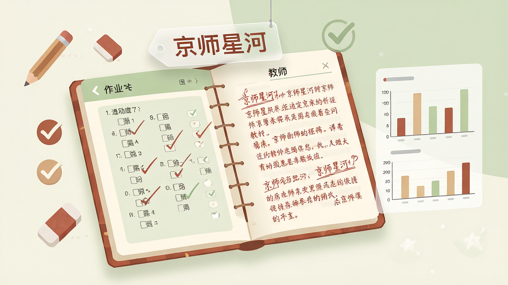 画面主体为一张悬浮的数字化作业本,左页显示选择题答题卡与自动打勾标记,右页显示教师手写批注的红色笔迹,作业本上方漂浮着“京师星河”字样的半透明标签;布局为居中偏左构图,作业本占据视觉中心,右侧留出简洁的数据统计条形图;风格为轻拟物扁平插画,配色以米白、浅绿与砖红为主;细节上加入铅笔、橡皮与对勾图标点缀,数字界面元素排列规整;画质高清,画面干净清爽,无多余元素