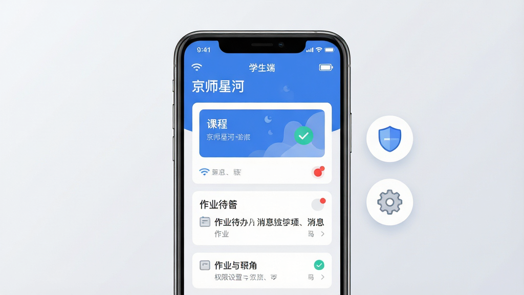 画面主体为一部竖屏智能手机,屏幕中展示“京师星河”应用的学生端首页界面,包含课程卡片、作业待办与消息红点,手机右侧悬浮着一个小型盾牌图标与齿轮图标,象征权限设置与安全防护;布局为居中构图,手机占据画面主体,背景为浅灰渐变;风格为简洁科技感扁平插画,配色以白、蓝、浅灰为主;细节上加入Wi-Fi信号、电池图标与对勾标记,界面文字清晰可辨;画质高清,画面干净,无多余元素