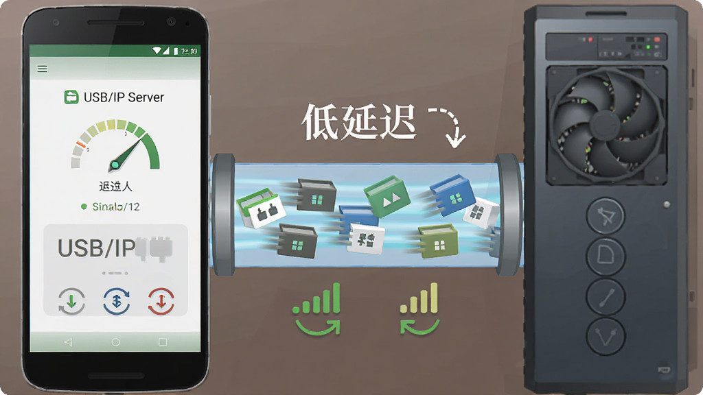 画面左侧为安卓手机,右侧为电脑主机,两者之间有一条数据流管道,管道内显示数据包快速流动,管道上方标注低延迟字样,手机屏幕显示USB/IP 服务器连接稳定状态,风格为信息图表式插画,布局为左右对比构图,细节包括延迟仪表盘、信号格、重连箭头图标,画质干净清晰,无多余装饰