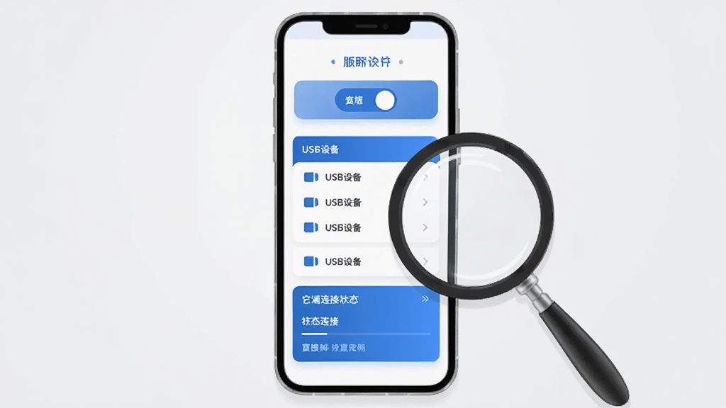 一部手机竖屏展示USB/IP 服务器软件主界面,界面采用卡片式布局,上方为服务开关按钮,中间为USB设备列表卡片,下方为客户端连接状态卡片,界面配色为蓝白简约风格,手机旁边放置一个放大镜突出界面细节,布局为居中特写构图,风格为UI界面展示插画,画质清晰锐利,背景为浅灰色干净背景