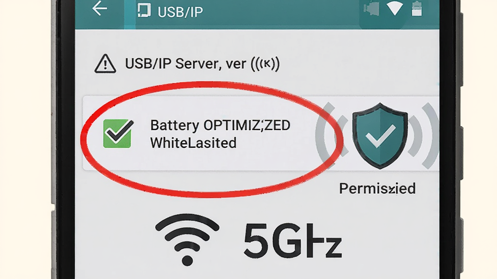 一部安卓手机屏幕显示USB/IP 服务器设置页面,页面上用红色圆圈标注电池优化白名单选项,旁边放置一个盾牌图标表示权限允许,画面下方有Wi-Fi信号图标和5GHz字样,布局为手机特写加标注说明构图,风格为教程示意插画,细节包括勾选标记、警告三角图标、信号波纹,画质清晰干净,背景为浅色纯色背景