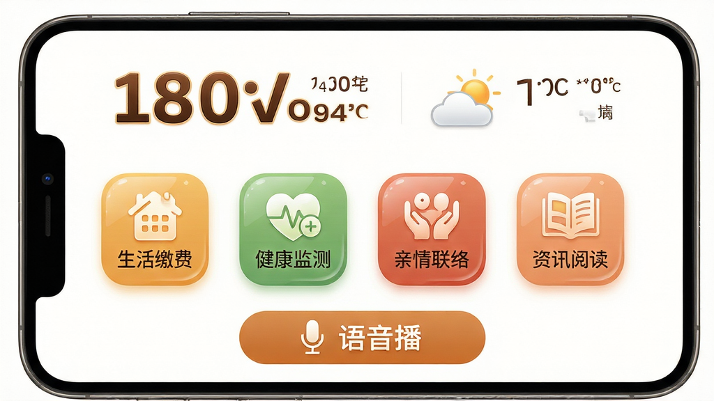 画面主体是一部大屏幕智能手机,屏幕上展示“银秋长者端”应用主界面,布局为顶部大字号时间天气、中部四个超大圆角功能图标(生活缴费、健康监测、亲情联络、资讯阅读),底部为醒目的语音播报按钮;整体排版简洁、留白充足,风格为温馨居家暖色调,细节上图标带高光质感、字体清晰粗壮,画质为高清2K,干净无多余元素