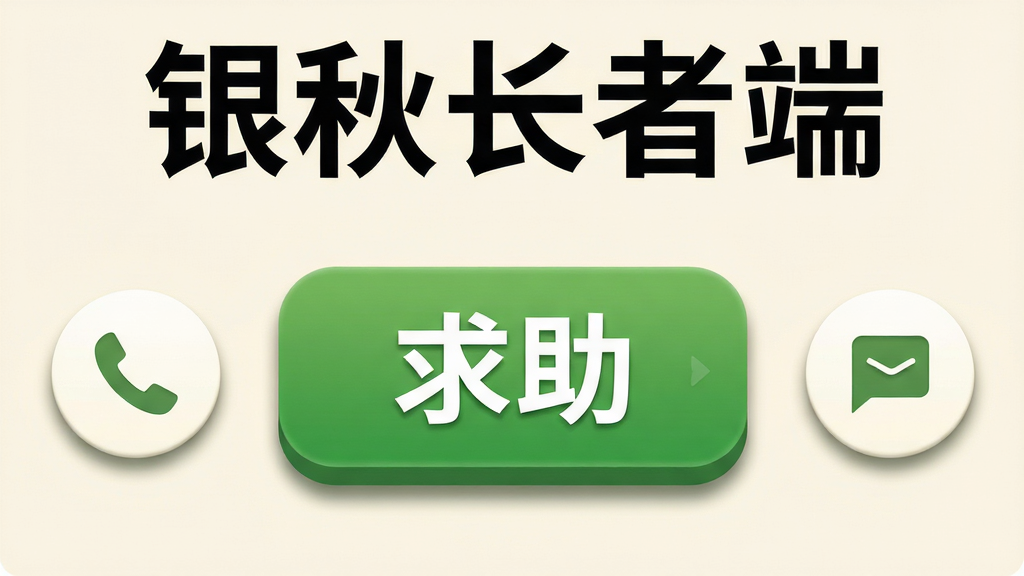 画面主体为“银秋长者端”简易模式界面特写,布局为中心对称设计,中央为超大绿色求助按钮,两侧为电话与信息图标,顶部状态栏字体加粗放大;排版强调视觉重心,风格为清新明快适老风,细节上按钮带轻微阴影、背景为柔和米白色,画质高清,干净无多余元素