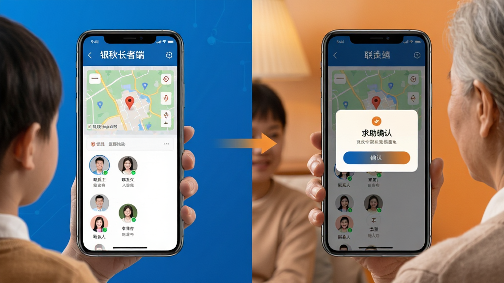 画面主体为分屏构图,左侧是子女手机显示“银秋长者端”远程协助界面,右侧是长者手机显示求助确认弹窗;布局为左右对照,排版清晰展示两端联动关系,风格为科技蓝与暖橙对比色,细节上界面包含定位地图缩略图与联系人头像列表,画质高清,干净无多余元素