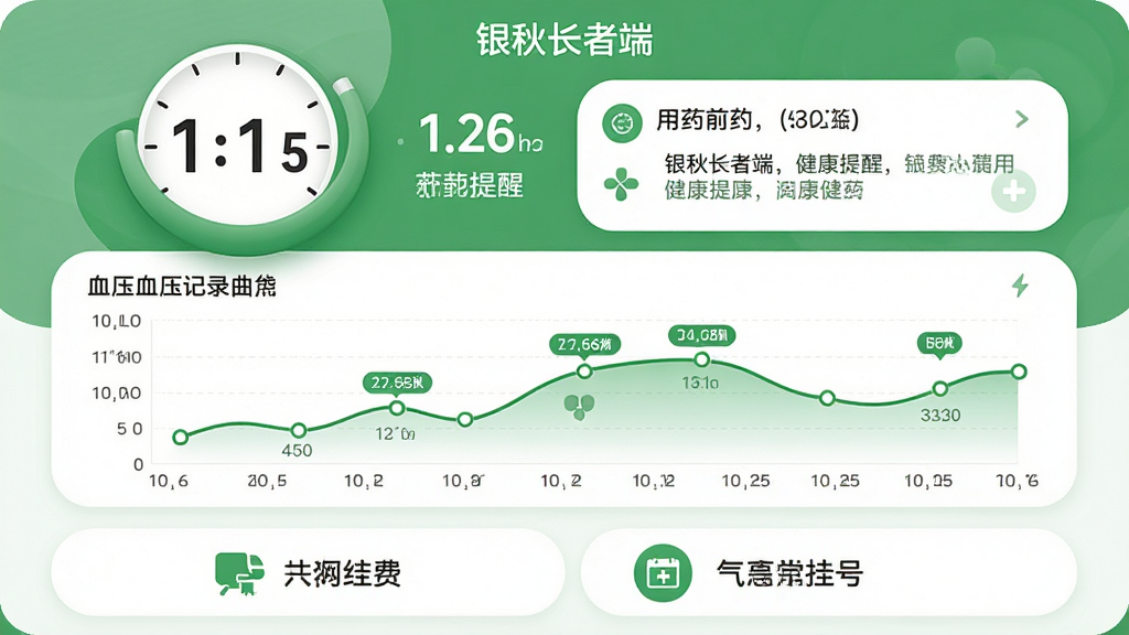 画面主体为“银秋长者端”健康提醒界面,布局为顶部大号时钟与用药提醒卡片,中部为血压记录曲线图,底部为缴费与挂号快捷入口;排版层次分明,风格为清爽健康绿白配色,细节上曲线图带数据标注点、卡片圆角柔和,画质高清,干净无多余元素
