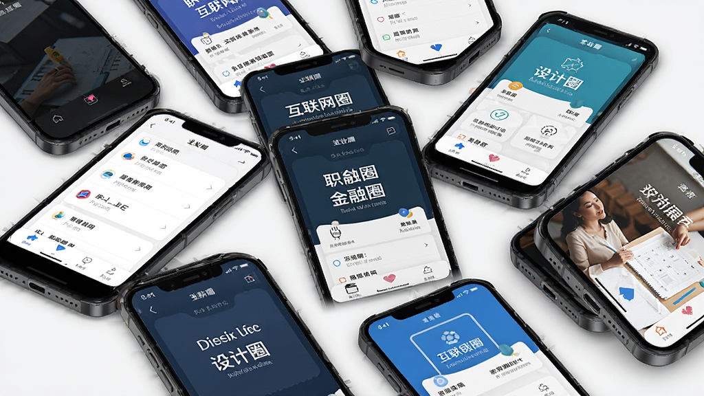 对圈职场行业圈子功能展示,画面中多部手机环绕排列,每部屏幕显示不同行业圈子界面,如互联网圈、金融圈、设计圈等,布局错落有致,风格现代商务,细节清晰,画质高清,干净无多余元素