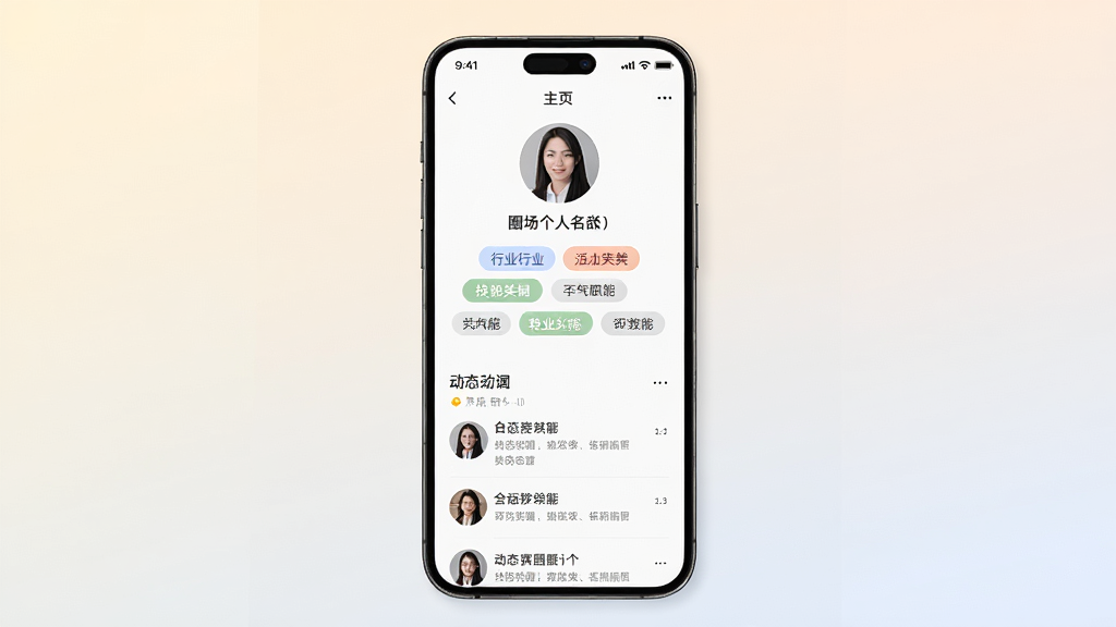 对圈职场个人职业名片界面展示,画面中央手机屏幕显示个人主页,包含头像、行业标签、技能关键词、动态列表等元素,背景为浅色渐变,布局规整,风格简约专业,细节丰富,画质高清,干净无多余元素