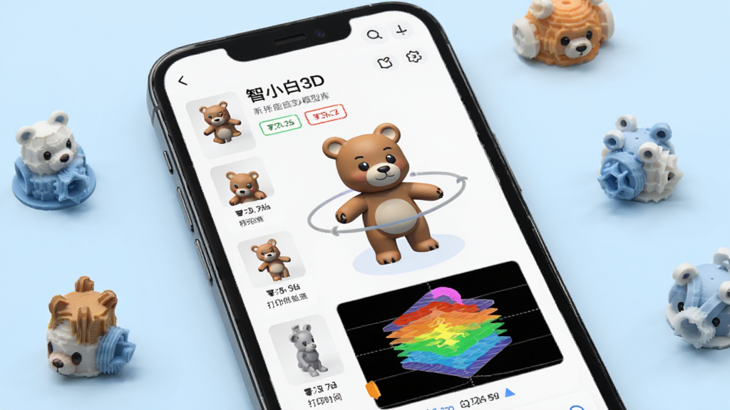 手机屏幕特写,屏幕中显示“智小白3D”模型库列表与一个正在旋转的3D小熊模型,模型下方有切片分层预览的彩色剖面示意,手机周围散落几个迷你打印成品,背景为淡蓝色渐变,布局以手机为视觉中心,风格为清爽的科技产品插图,细节包括模型缩略图卡片、切片层数标签与打印时间提示,画质干净、无多余元素