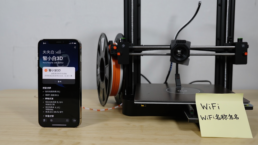 手机与3D打印机并排放置在桌面上,手机屏幕显示“智小白3D”连接失败提示与排查步骤列表,打印机旁边放着一卷耗材和一张写有WiFi名称的便签,背景为浅灰色墙面与木纹桌面,布局为左右对比构图,风格为实用教程类实拍图,细节包括错误弹窗、信号图标与便签文字,画质清晰、光线自然、无多余装饰