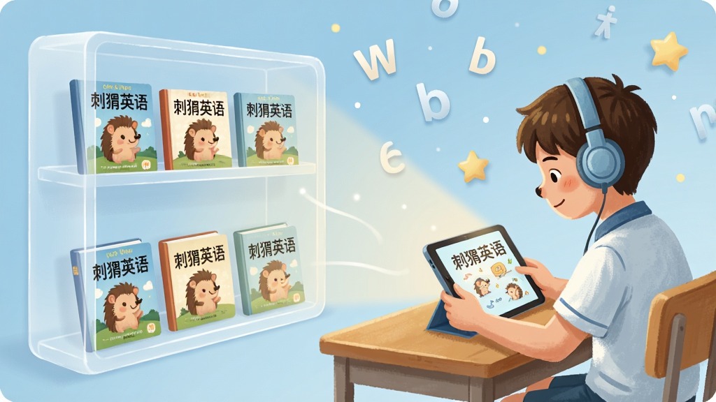 一张刺猬英语原版图书馆功能的宣传图,画面左侧是一个半透明的虚拟书架,书架上整齐摆放着带有