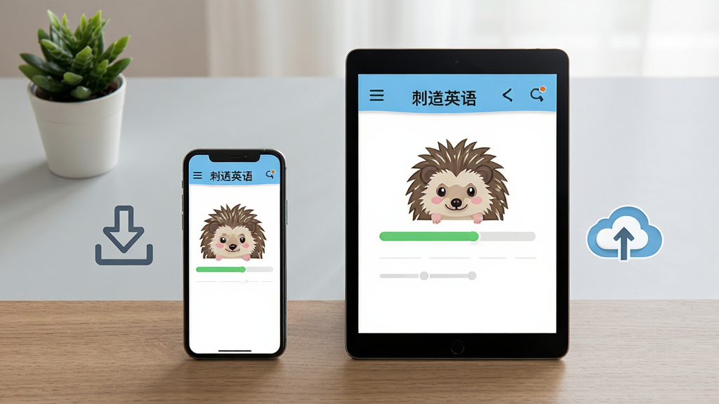 一张刺猬英语学习场景的示意图,画面中一部手机和一台平板并排放在木质桌面上,两块屏幕都显示刺猬英语的阅读界面且进度条同步一致,手机旁边有一个下载完成的箭头图标,平板旁边有一个云同步图标,背景为浅灰色桌面与一盆小绿植,光线柔和自然,风格简约写实,画质高清,画面干净无杂乱元素