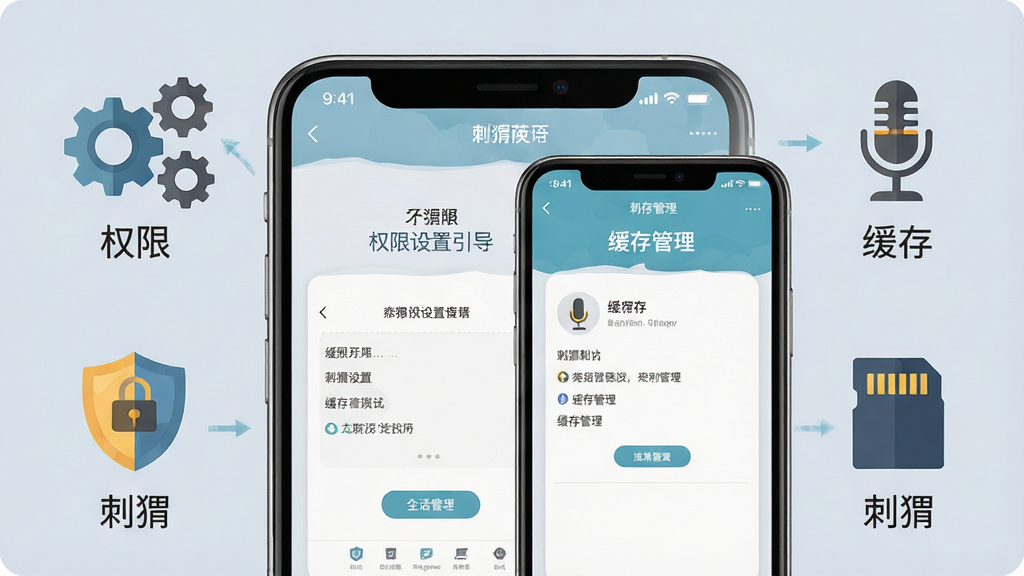 一张刺猬英语移动端使用指南的示意图,画面为一部手机屏幕特写,屏幕上显示刺猬英语的权限设置引导页和缓存管理页面,手机周围环绕着齿轮、盾牌、麦克风、存储卡四个扁平化图标,图标下方分别有简短标签,背景为浅灰蓝色纯色,风格简洁明快、信息图感强,画质高清,画面干净无多余装饰