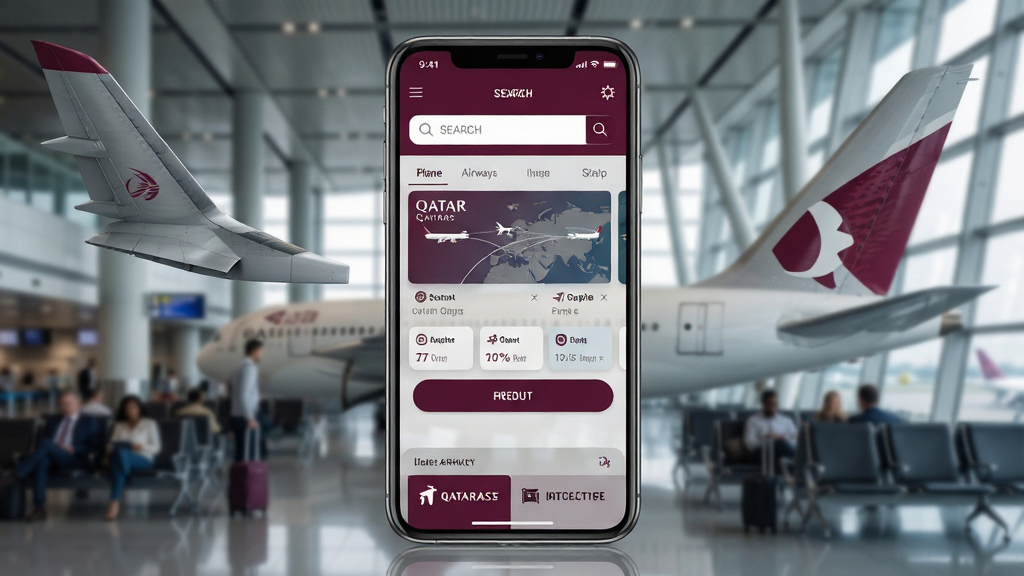 一张展示卡塔尔航空Qatar Airways手机应用界面的整体展示图,画面中央是一部竖屏智能手机,屏幕内呈现深酒红色与银灰色搭配的航空APP首页,顶部有航班搜索框,中部为航线卡片与预订按钮,底部为值机与里程入口,背景为虚化的机场候机大厅与飞机尾翼,布局居中对称,风格现代商务,细节包含机翼纹理与航线地图元素,画质清晰干净,无多余元素