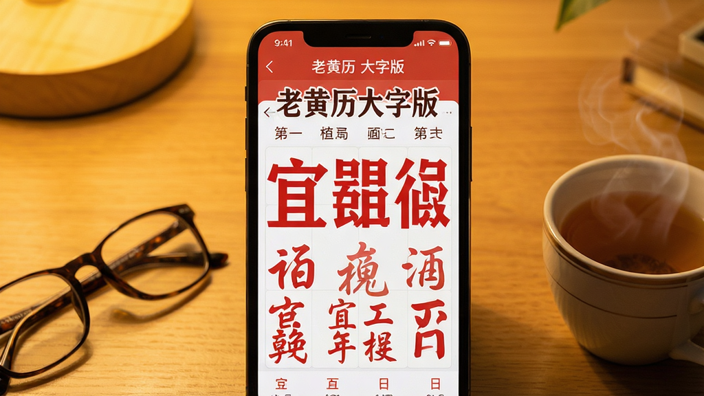 画面中央一部大屏智能手机,屏幕内展示“老黄历大字版”应用主界面,超大红色宜忌文字与农历日期清晰醒目,手机两侧分别放置老花镜与一杯热茶,背景为温馨木质桌面,暖黄色柔和光线,整体布局简洁居中,风格写实生活化,细节突出屏幕文字的大字号特征,画质清晰干净,无多余元素