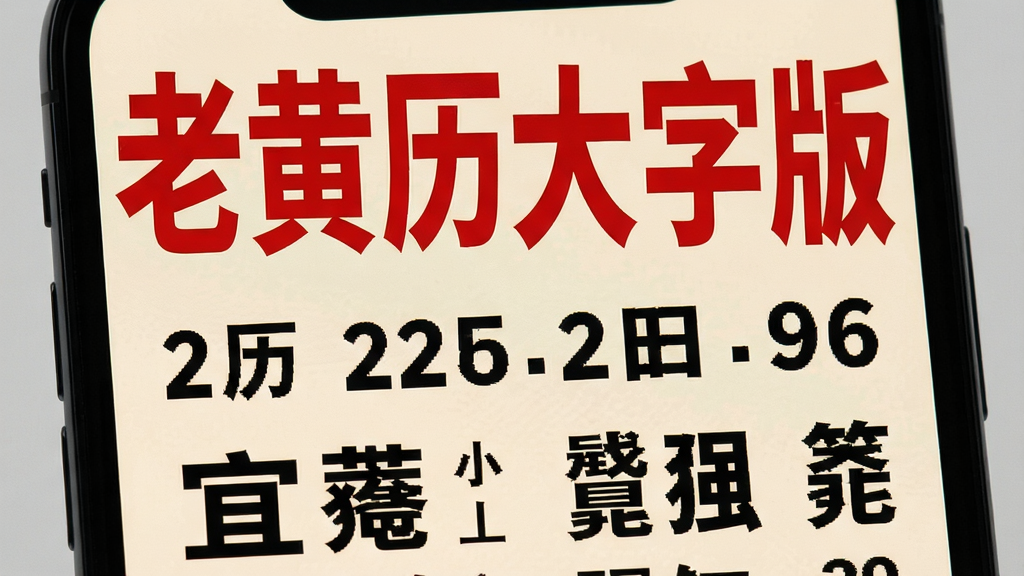一部手机屏幕特写,画面中“老黄历大字版”五个字以超大红色字体居于顶部,下方农历日期与宜忌条目字号粗大清晰,背景为浅米色,周围无杂乱图标,风格极简突出文字,细节展现字体的粗壮与高对比度,画质干净锐利