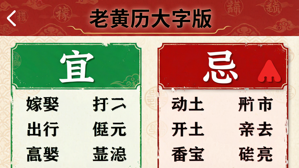 手机界面展示“老黄历大字版”宜忌详情页,左侧绿色“宜”字区域列出嫁娶、出行等条目,右侧红色“忌”字区域列出动土、开市等条目,文字硕大醒目,界面排版左右对称,风格传统中式,细节呈现文字边缘清晰无毛刺,画质干净整洁