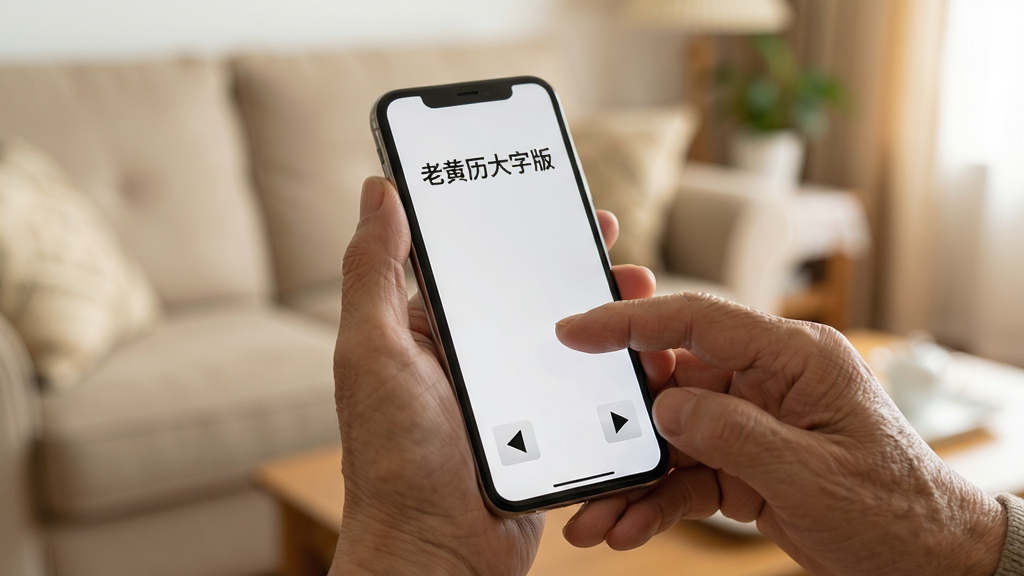 一双老年用户的手持握手机,屏幕显示“老黄历大字版”简洁主界面,底部仅有左右箭头按钮,界面无任何广告弹窗,背景为居家客厅虚化场景,风格温暖亲切,细节突出手指与屏幕的互动感及界面的干净布局,画质柔和清晰