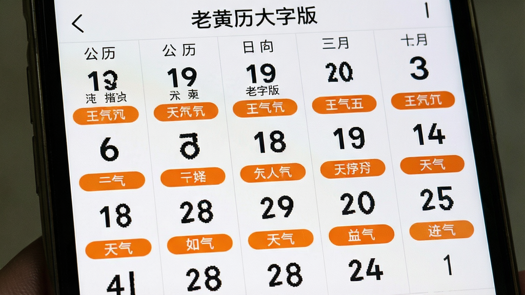 手机屏幕显示“老黄历大字版”日历视图,公历数字与农历小字上下对应,节气名称以橙色标签高亮标注在日期下方,整体界面为网格状月历布局,风格清爽规整,细节展现日期数字的大号字体与节气标签的醒目配色,画质清晰无噪点