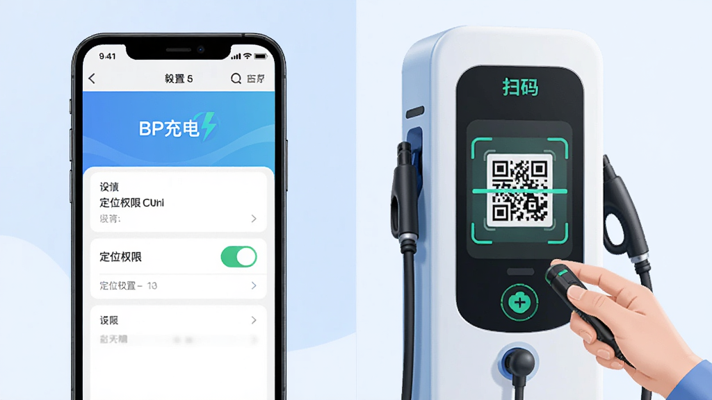 主体为手机设置界面与充电桩操作场景组合图,布局为左右对照、左侧权限设置右侧扫码动作,排版清晰分区明确,风格为教程示意插画,细节包含“BP充电”界面、定位权限开关、二维码扫描框,画质高清、干净、无多余元素
