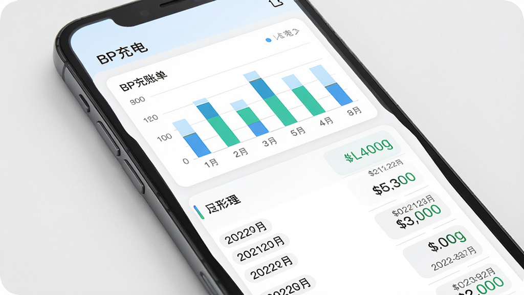 主体为手机屏幕展示充电账单列表与统计图表,布局为上下结构、图表居上列表居下,排版规整清晰,风格为简约数据可视化界面,细节包含“BP充电”标题、柱状图、费用数字、日期标签,画质高清、干净、无多余元素