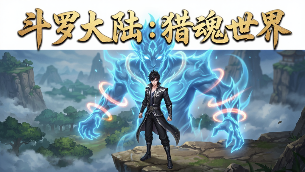 画面主体为一位身穿黑色劲装的青年魂师立于悬崖边,背后浮现巨大的蓝银草武魂虚影,脚下是云雾缭绕的斗罗大陆森林;画面采用竖版手机游戏海报构图,上方留白处用金色毛笔字体写“斗罗大陆:猎魂世界”;整体风格为东方玄幻CG插画,细节强调魂环光晕与武魂纹理,画质高清、色彩饱满、干净无多余元素