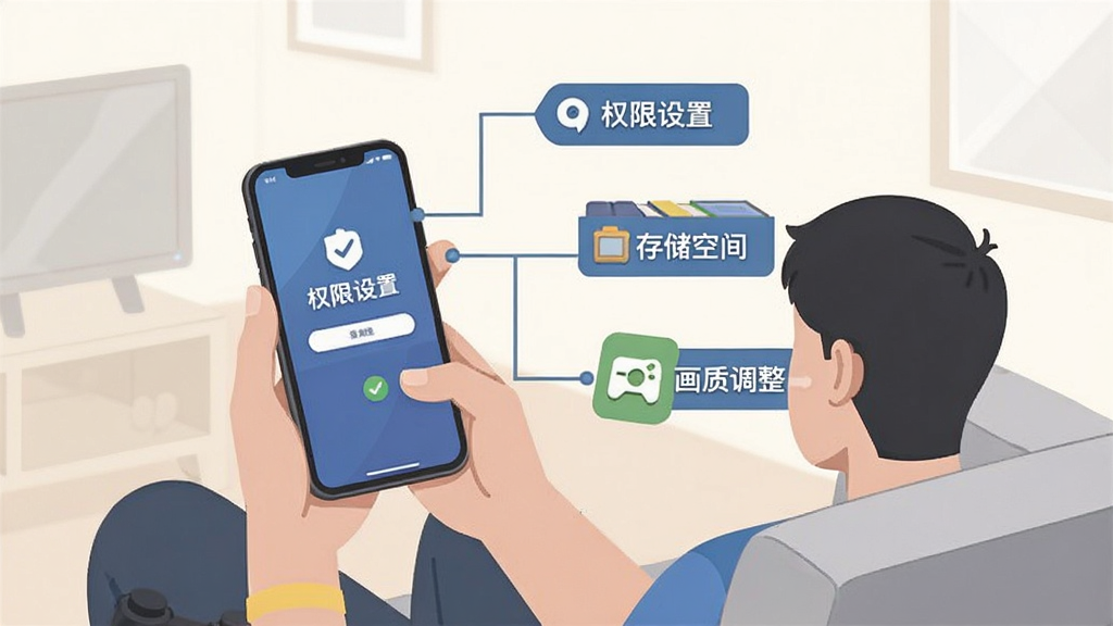 画面主体为一名玩家手持手机坐在沙发上,手机屏幕显示游戏登录界面,旁边漂浮着“权限设置”“存储空间”“画质调整”三个图标标签,采用生活场景插画构图,风格为扁平化信息图,细节强调手机与图标之间的连接线,画质清爽、背景简洁、无多余元素