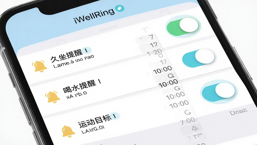 ����Ϊ iWellRing Ӧ���������ý��棬�ֻ���Ļչʾ������ѿ�����ʱ��ѡ�����������������ѡ���ˮ���ѡ��˶�Ŀ���ѡ��Ա�����С����ͼ�ꣻ����Ϊ�����б���ÿ����������أ��Ű�Ϊ���ñ�����ʽ�������б����������Ϊ����ǳɫϵUI��ƣ��������ɫ���䣻ϸ�ڰ�������״̬������ʱ����ֿؼ���ͼ���Լ�����ʸ��壬�ɾ����޶���Ԫ��